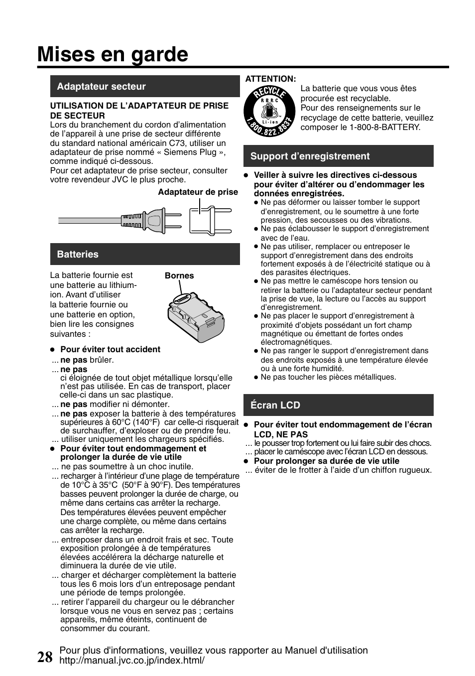 Mises en garde | JVC Everio GZ-HM300U User Manual | Page 92 / 96