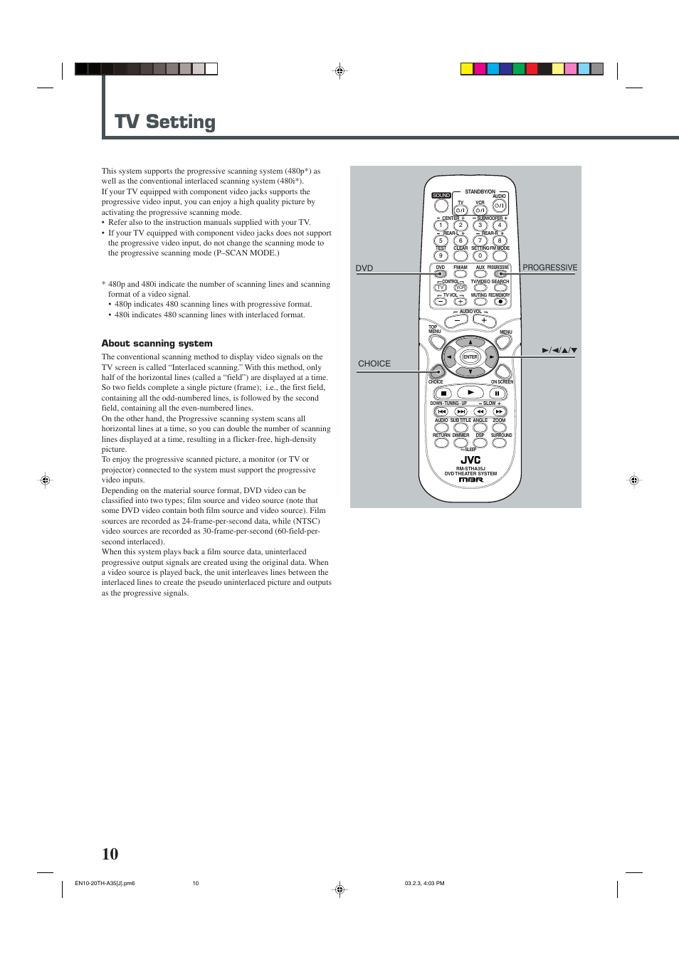 Tv setting, About scanning system | JVC TH-A32 User Manual | Page 12 / 65