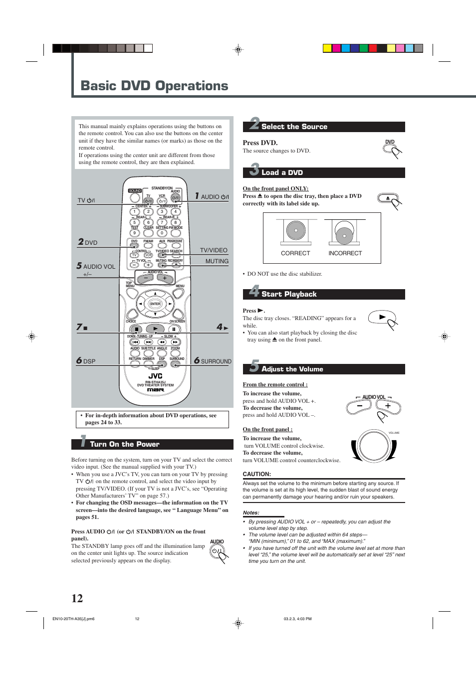 Basic dvd operations, Turn on the power, Select the source press dvd | Load a, Start playback | JVC TH-A32 User Manual | Page 14 / 65