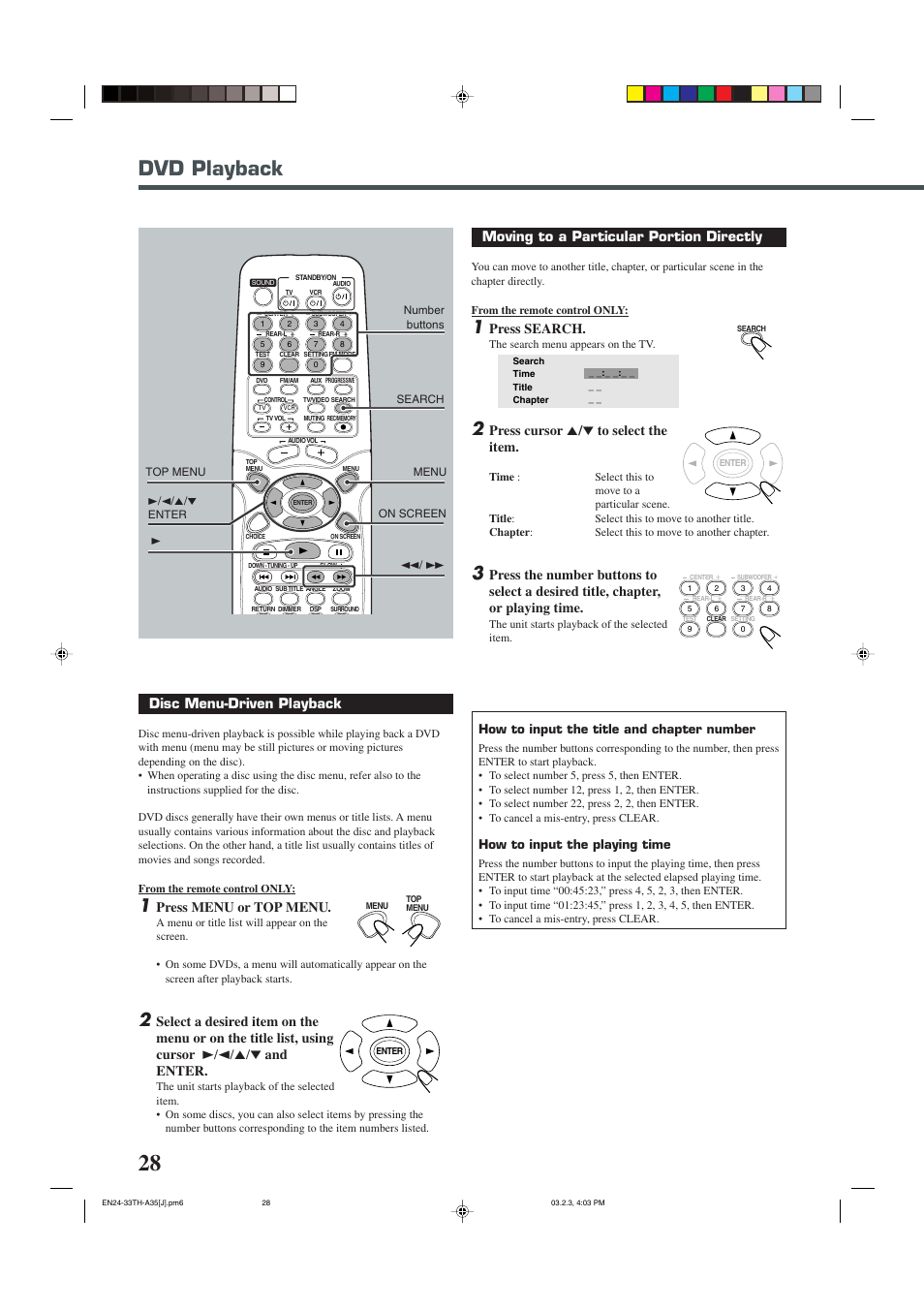 Dvd playback, Moving to a particular portion directly, Press search | Press cursor 5 / ∞ to select the item, Disc menu-driven playback, Press menu or top menu, How to input the title and chapter number, How to input the playing time | JVC TH-A32 User Manual | Page 30 / 65