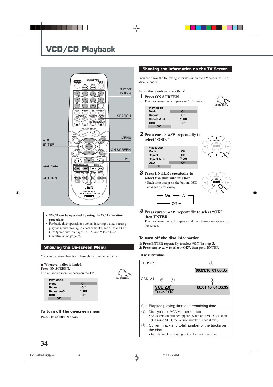 Vcd/cd playback, Showing the on-screen menu, Showing the information on the tv screen | Press on screen, Press cursor 5 / ∞ repeatedly to select “osd | JVC TH-A32 User Manual | Page 36 / 65