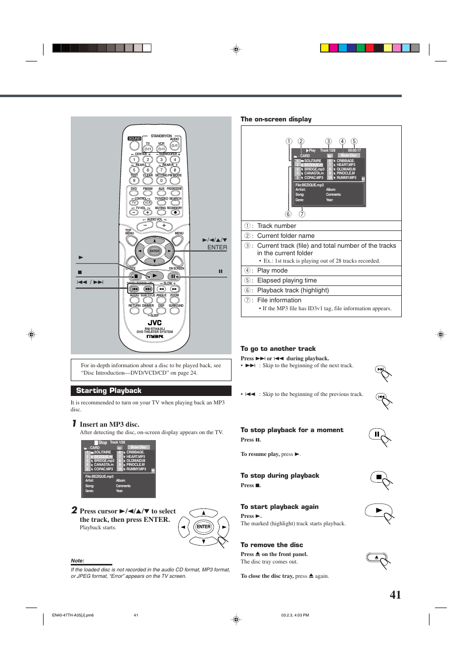 Starting playback, Insert an mp3 disc, The on-screen display | JVC TH-A32 User Manual | Page 43 / 65