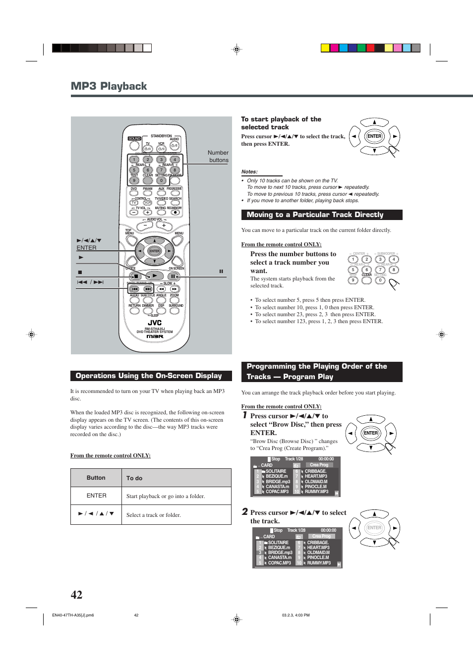 Mp3 playback, Moving to a particular track directly, Press cursor 3 / 2 / 5 / ∞ to select the track | Operations using the on-screen display | JVC TH-A32 User Manual | Page 44 / 65