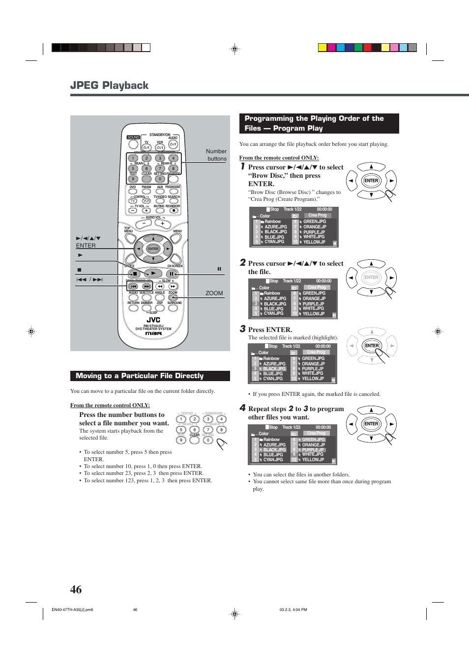 Jpeg playback, Press cursor 3 / 2 / 5 / ∞ to select the file, Press enter | Moving to a particular file directly | JVC TH-A32 User Manual | Page 48 / 65