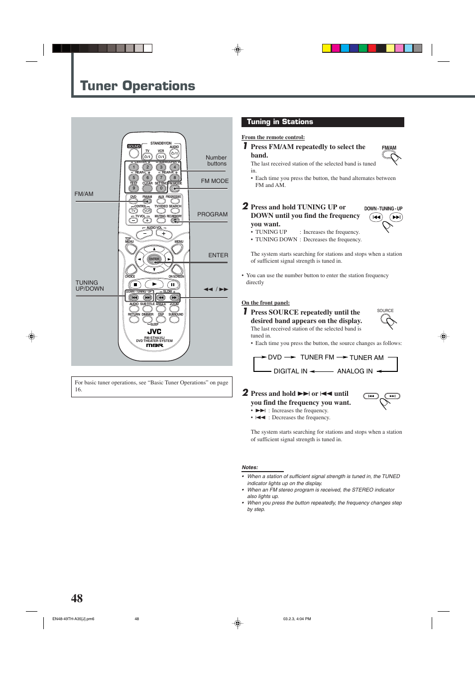 Tuner operations, Tuning in stations, Press fm/am repeatedly to select the band | Dvd tuner fm tuner am analog in digital in | JVC TH-A32 User Manual | Page 50 / 65