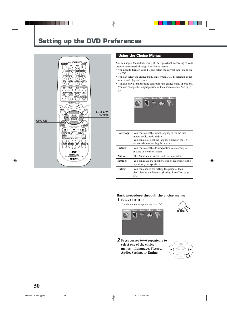 Setting up the dvd preferences, Using the choice menus, Press choice | Basic procedure through the choice menus | JVC TH-A32 User Manual | Page 52 / 65