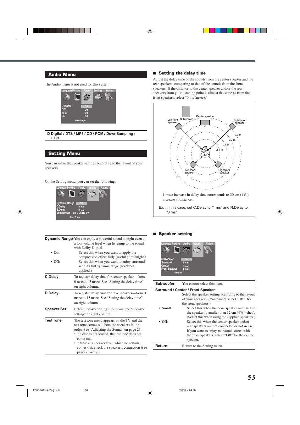 Audio menu, Setting menu | JVC TH-A32 User Manual | Page 55 / 65