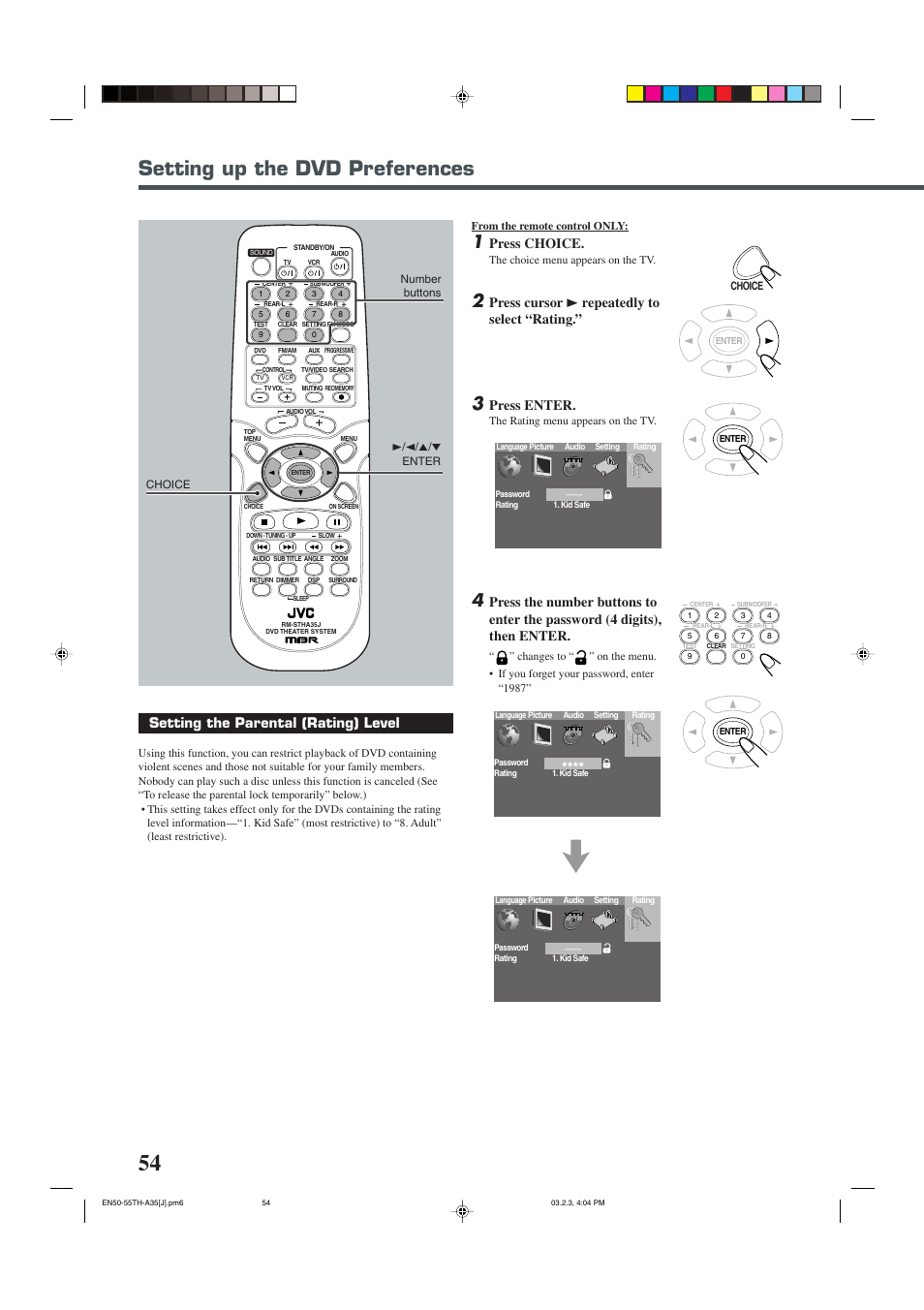 Setting up the dvd preferences, Setting the parental (rating) level, Press choice | Press cursor 3 repeatedly to select “rating, Press enter | JVC TH-A32 User Manual | Page 56 / 65