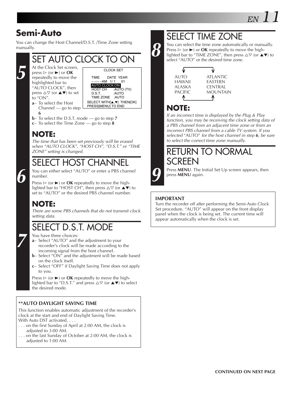 Set auto clock to on, Select host channel, Select d.s.t. mode | Select time zone, Return to normal screen, Semi-auto | JVC HM-HDS1U User Manual | Page 11 / 100