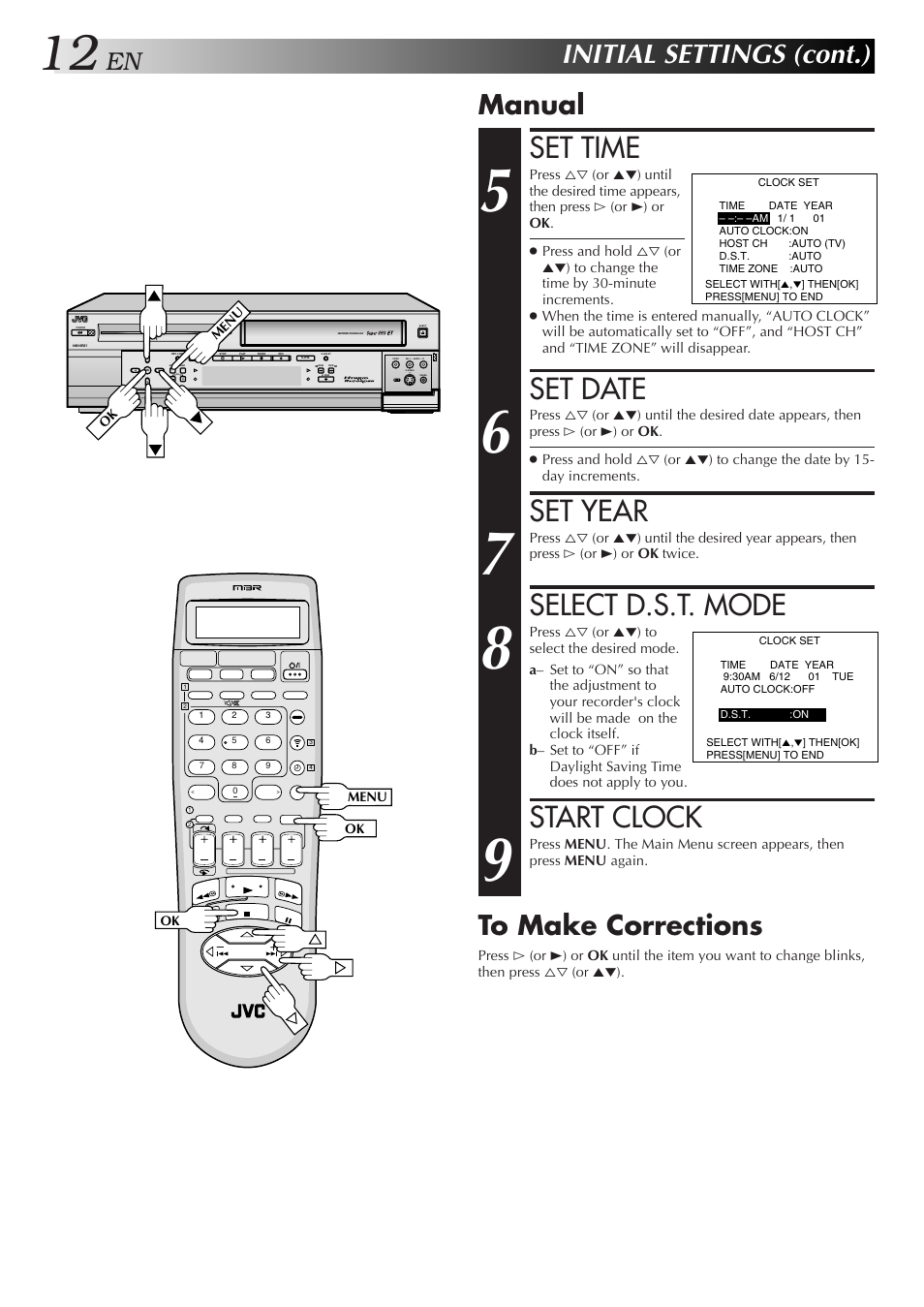 Set time, Set date, Set year | Select d.s.t. mode, Start clock, Initial settings (cont.), Manual to make corrections | JVC HM-HDS1U User Manual | Page 12 / 100