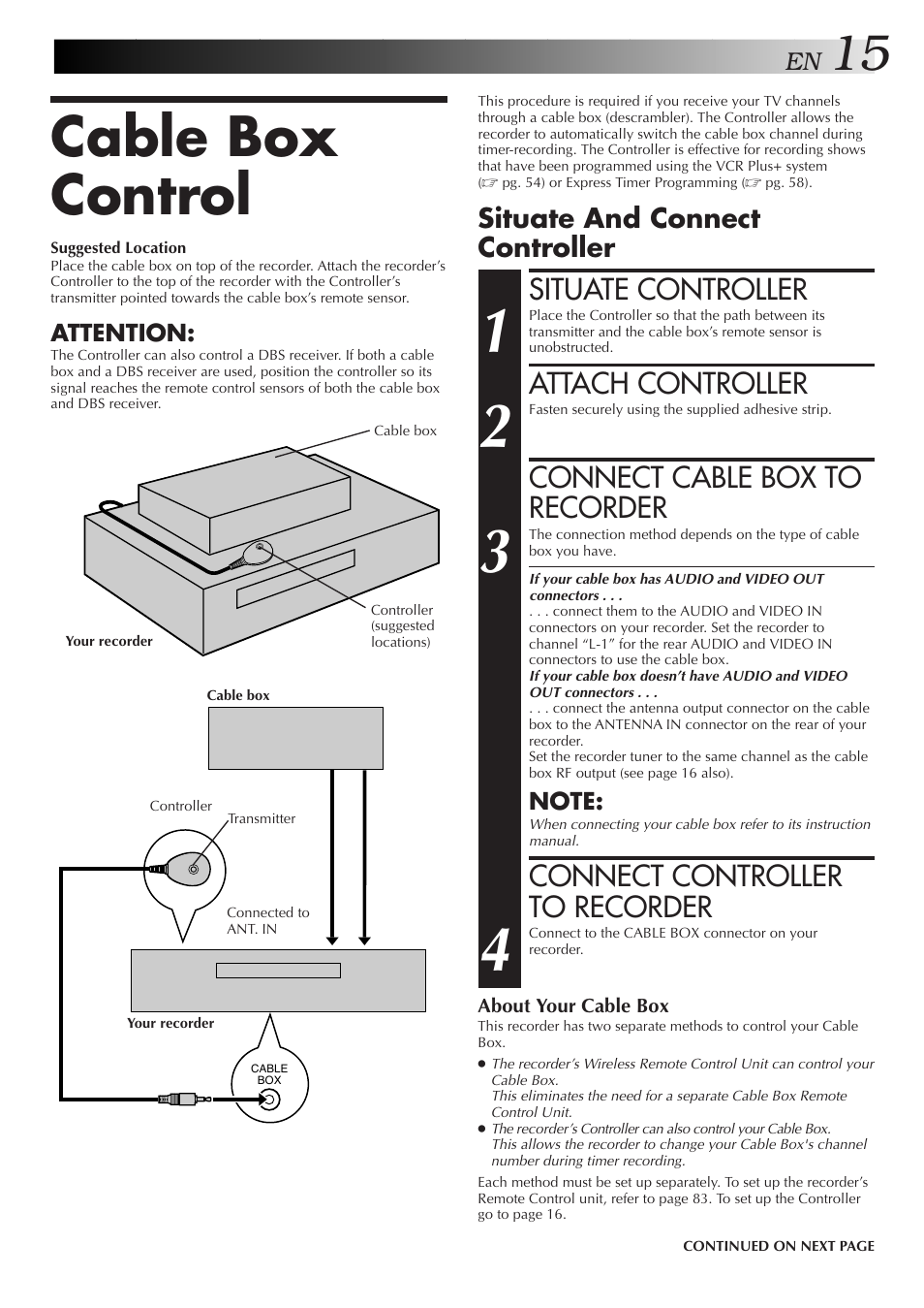 Cable box control, Situate controller, Attach controller | Connect cable box to recorder, Connect controller to recorder, Situate and connect controller | JVC HM-HDS1U User Manual | Page 15 / 100