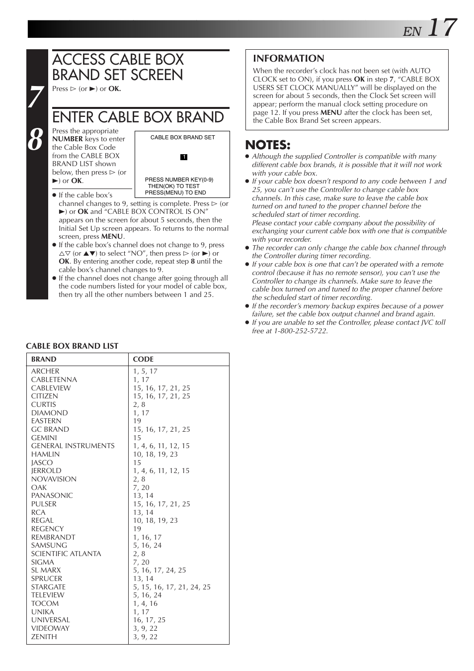 Access cable box brand set screen, Enter cable box brand, Information | JVC HM-HDS1U User Manual | Page 17 / 100