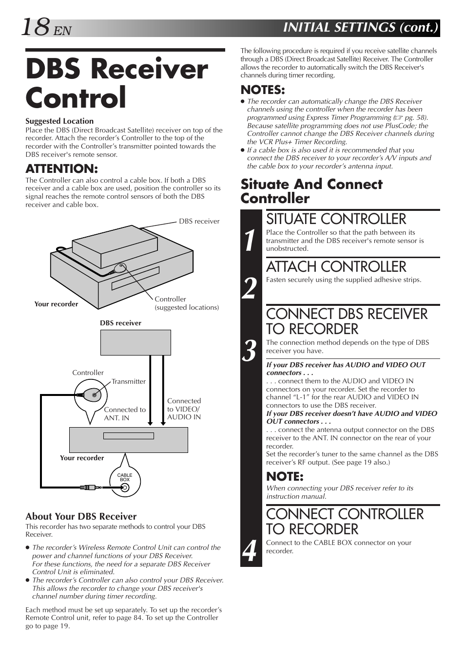 Dbs receiver control, Situate controller, Attach controller | Connect dbs receiver to recorder, Connect controller to recorder, Initial settings (cont.), Situate and connect controller | JVC HM-HDS1U User Manual | Page 18 / 100