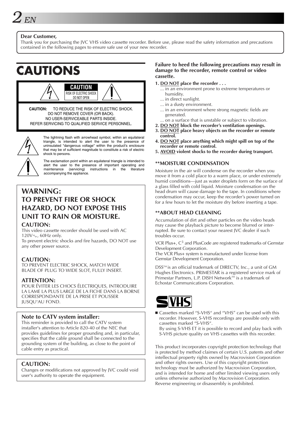 Cautions, Warning | JVC HM-HDS1U User Manual | Page 2 / 100