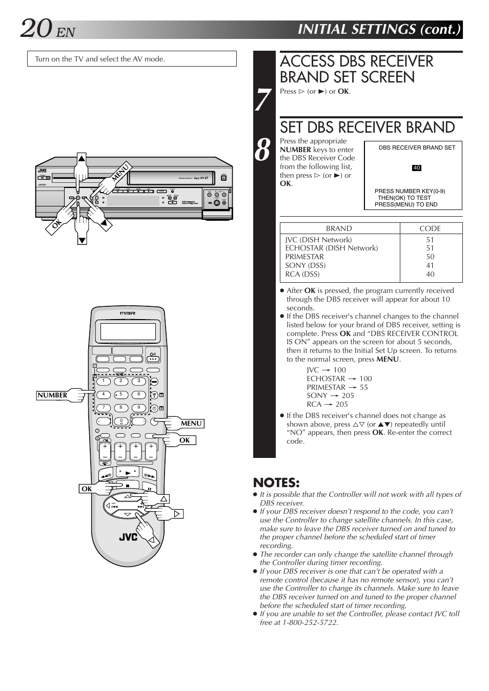 Access dbs receiver brand set screen, Set dbs receiver brand, Initial settings (cont.) | JVC HM-HDS1U User Manual | Page 20 / 100