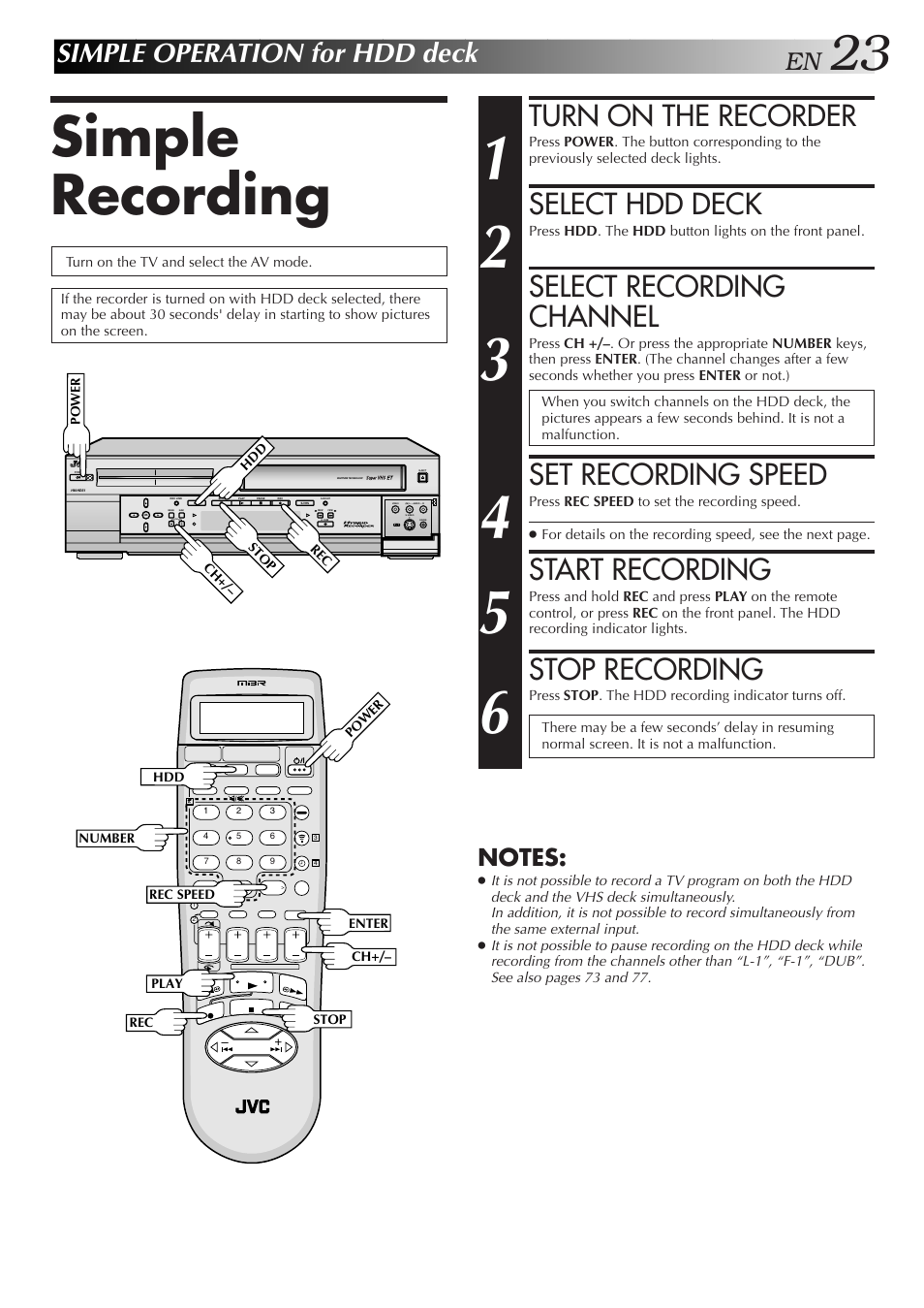 Simple operation for hdd deck, Simple recording, Turn on the recorder | Select hdd deck, Select recording channel, Set recording speed, Start recording, Stop recording | JVC HM-HDS1U User Manual | Page 23 / 100