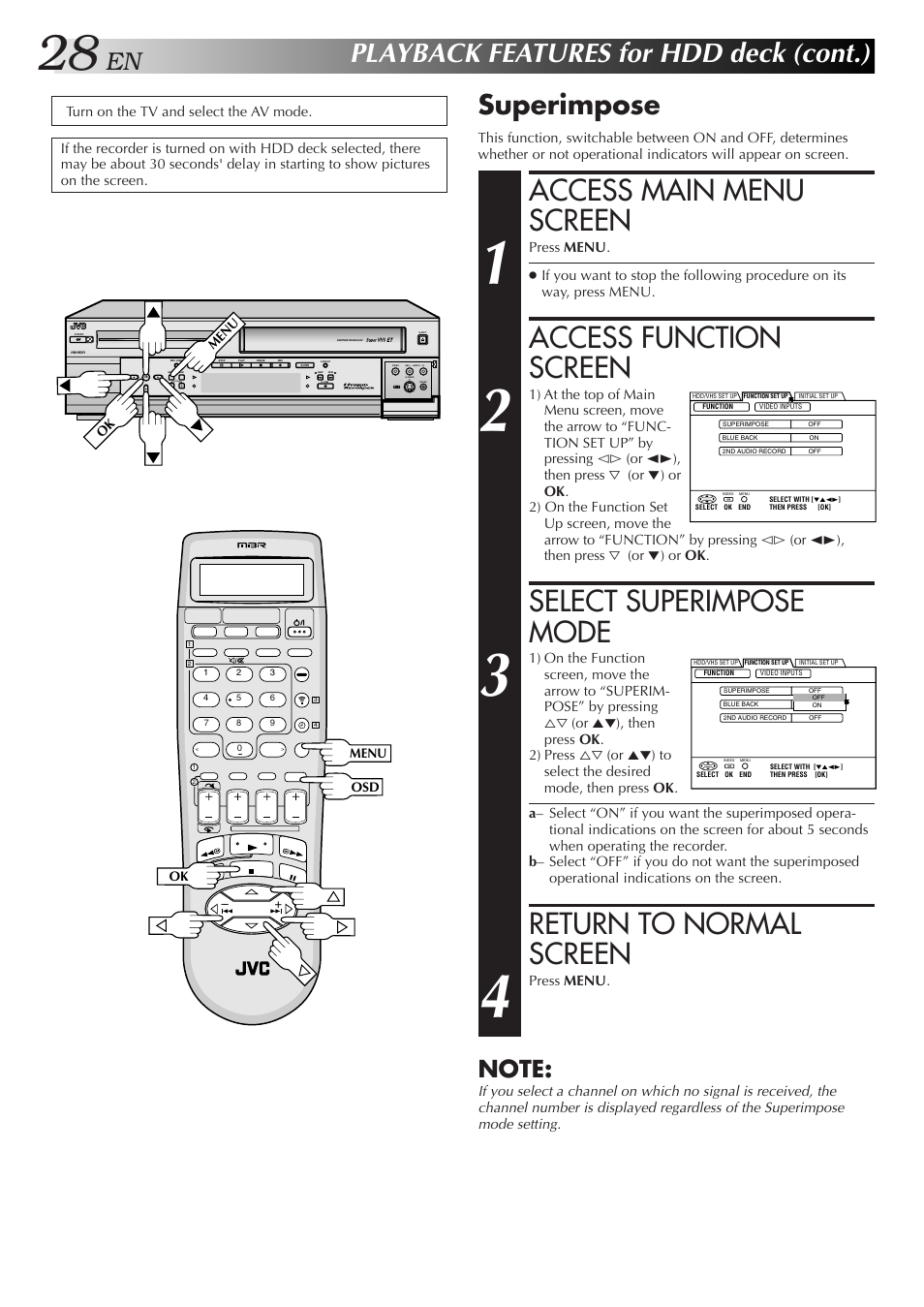 Access main menu screen, Access function screen, Select superimpose mode | Return to normal screen, Playback features for hdd deck (cont.), Superimpose | JVC HM-HDS1U User Manual | Page 28 / 100