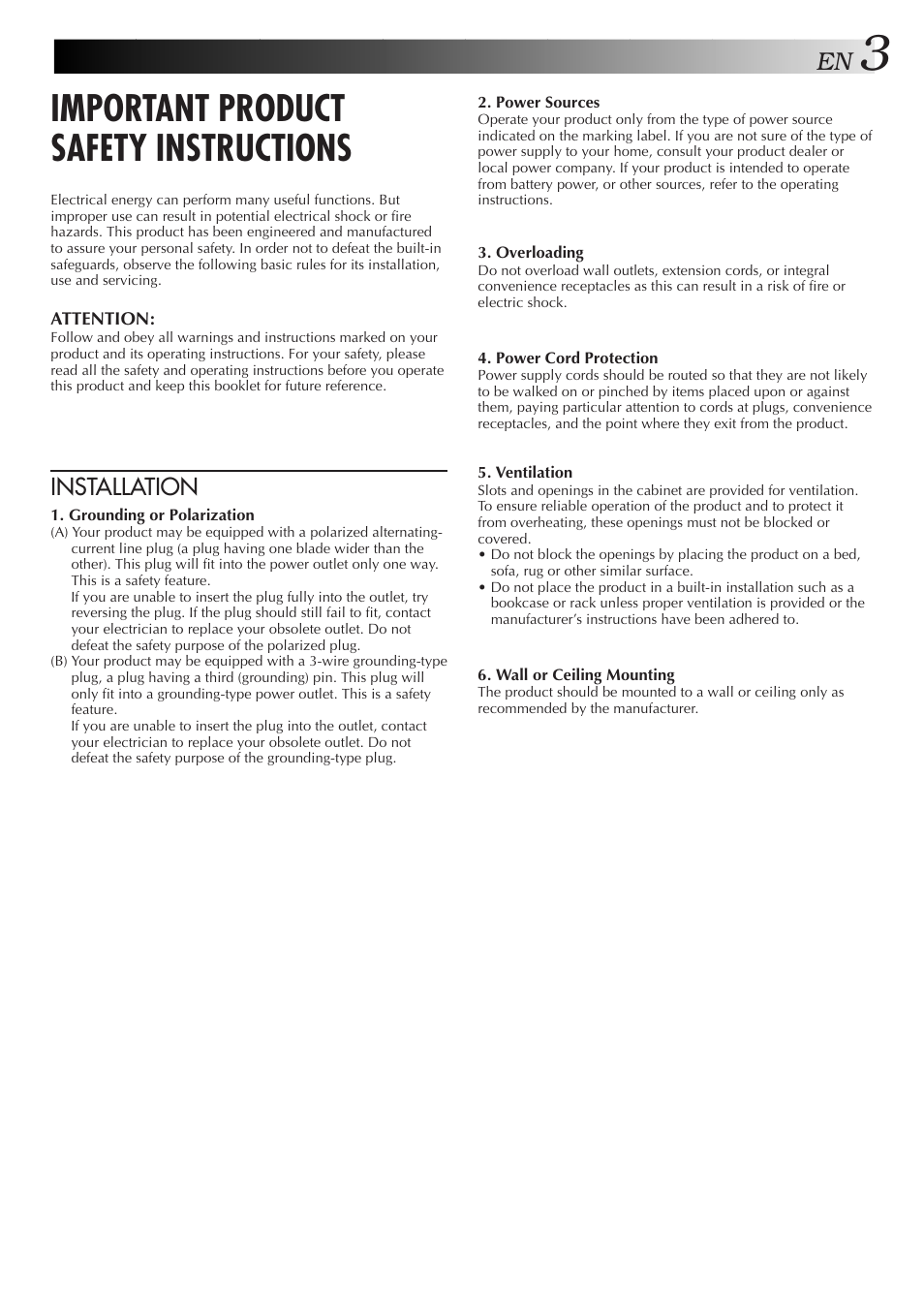 Important product safety instructions, Installation | JVC HM-HDS1U User Manual | Page 3 / 100