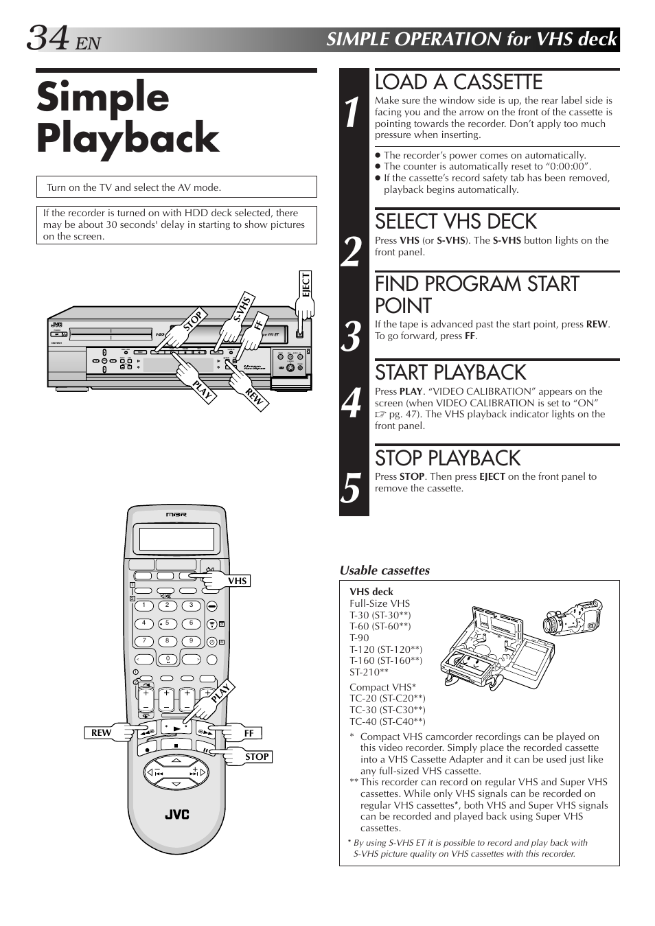 Simple operation for vhs deck, Simple playback, Load a cassette | Select vhs deck, Find program start point, Start playback, Stop playback | JVC HM-HDS1U User Manual | Page 34 / 100