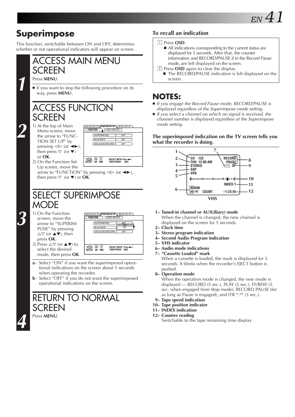 Access main menu screen, Access function screen, Select superimpose mode | Return to normal screen, Superimpose | JVC HM-HDS1U User Manual | Page 41 / 100