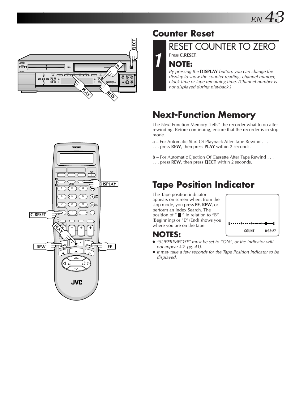 Reset counter to zero, Tape position indicator, Counter reset | Pg. 41), By pressing the | JVC HM-HDS1U User Manual | Page 43 / 100