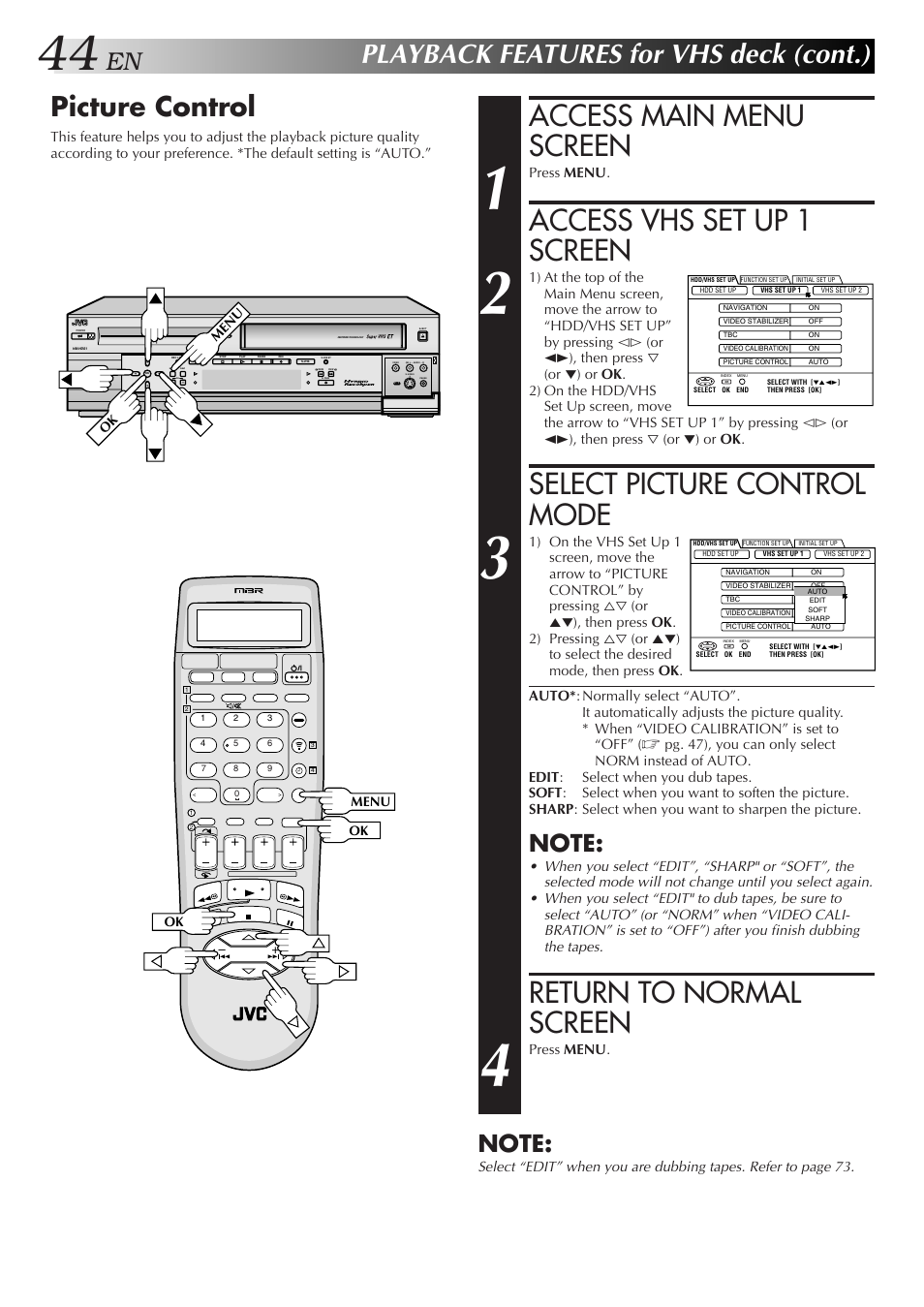 Access vhs set up 1 screen, Select picture control mode, Return to normal screen | Access main menu screen, Playback features for vhs deck (cont.), Picture control | JVC HM-HDS1U User Manual | Page 44 / 100