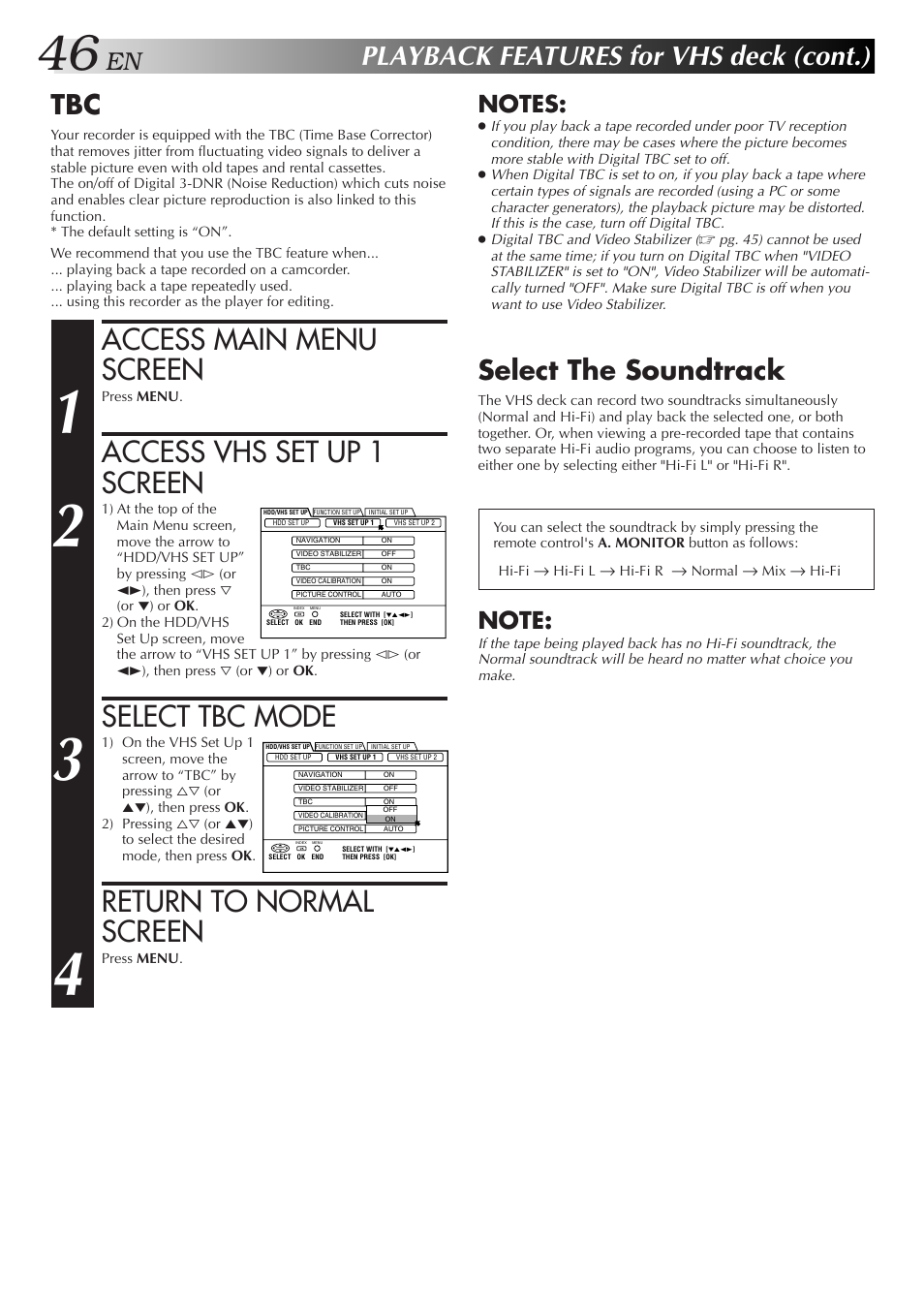 Access main menu screen, Access vhs set up 1 screen, Select tbc mode | Return to normal screen, Playback features for vhs deck (cont.), Select the soundtrack | JVC HM-HDS1U User Manual | Page 46 / 100