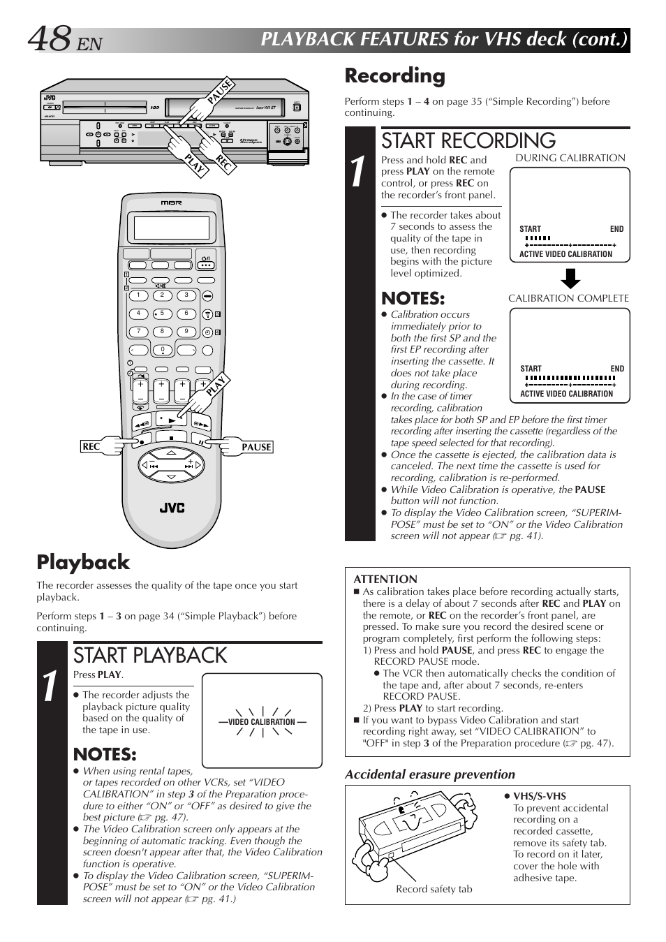 Start playback, Start recording, Playback features for vhs deck (cont.) | Recording, Playback, Accidental erasure prevention | JVC HM-HDS1U User Manual | Page 48 / 100