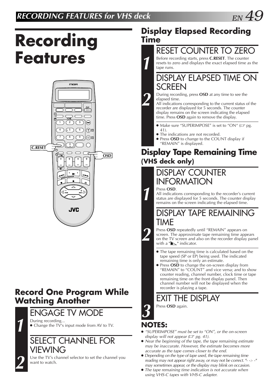 Recording features for vhs deck, Recording features, Engage tv mode | Select channel for viewing, Reset counter to zero, Display elapsed time on screen, Display counter information, Display tape remaining time, Exit the display, Record one program while watching another | JVC HM-HDS1U User Manual | Page 49 / 100