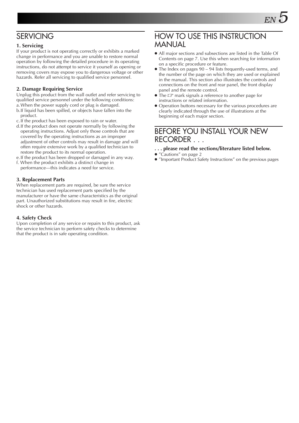 Servicing, How to use this instruction manual, Before you install your new recorder | JVC HM-HDS1U User Manual | Page 5 / 100