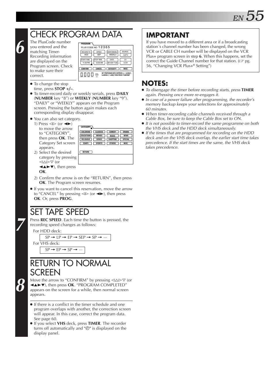 Check program data, Set tape speed, Return to normal screen | Important | JVC HM-HDS1U User Manual | Page 55 / 100