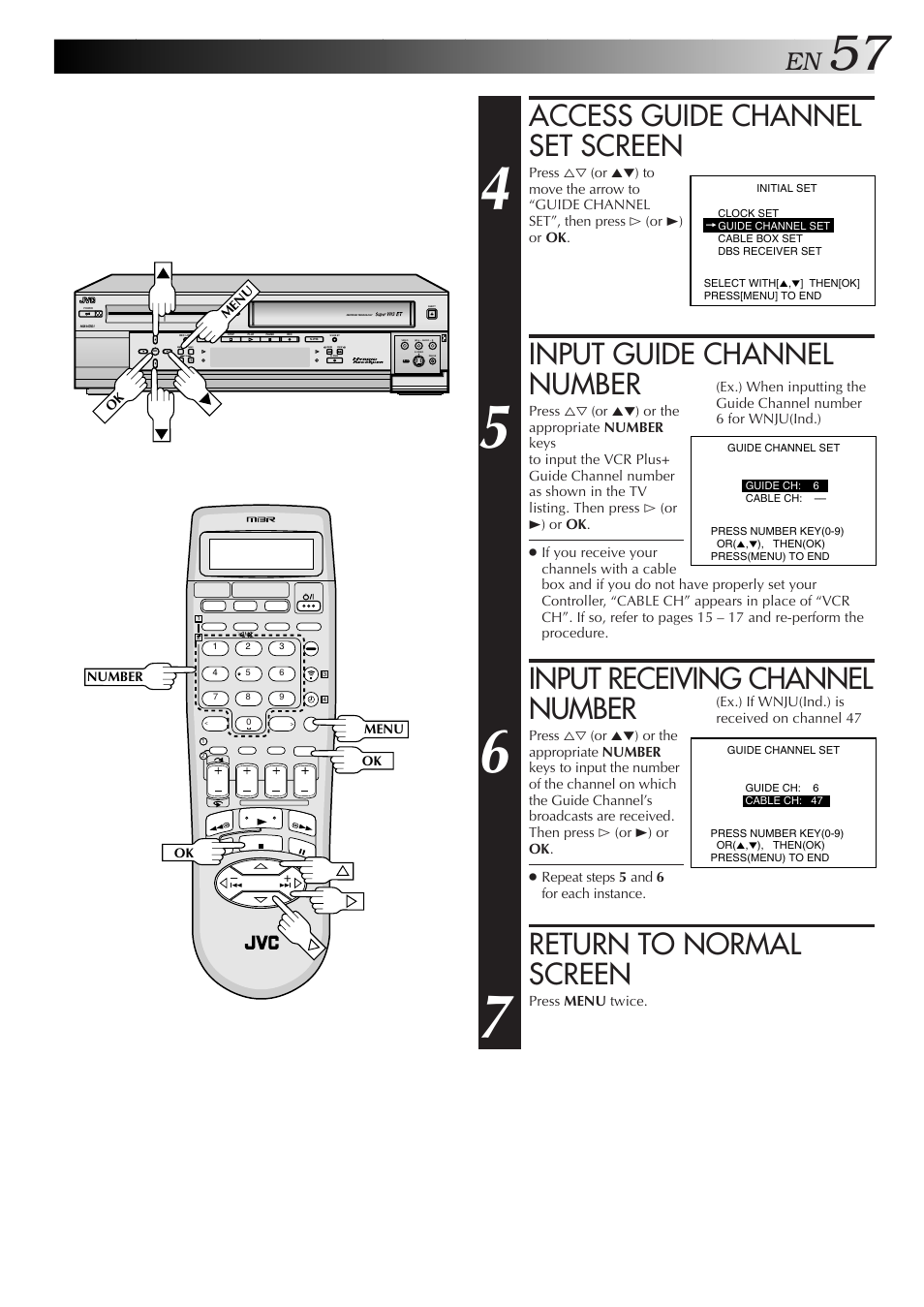 Access guide channel set screen, Input guide channel number, Input receiving channel number | Return to normal screen | JVC HM-HDS1U User Manual | Page 57 / 100