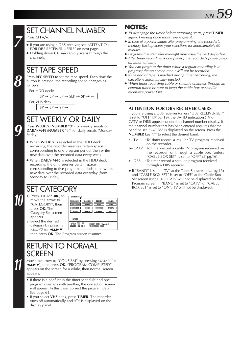 Set tape speed, Set weekly or daily, Set category | Return to normal screen, Set channel number | JVC HM-HDS1U User Manual | Page 59 / 100