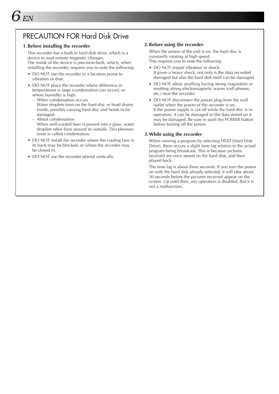 Precaution for hard disk drive | JVC HM-HDS1U User Manual | Page 6 / 100