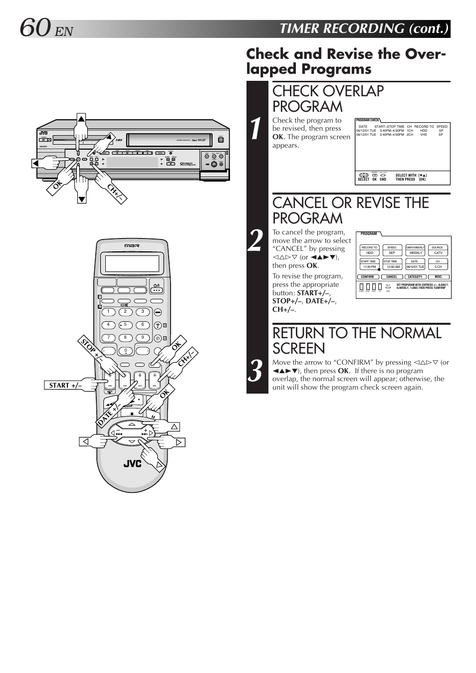 Check overlap program, Cancel or revise the program, Return to the normal screen | Timer recording (cont.), Check and revise the over- lapped programs, Yyy yyy, Yy yy yy | JVC HM-HDS1U User Manual | Page 60 / 100