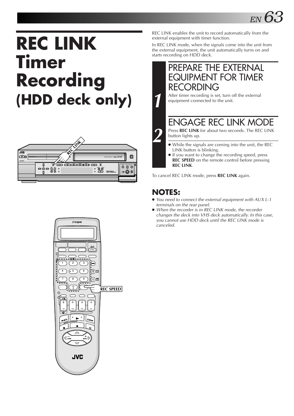 Rec link timer recording, Hdd deck only), Prepare the external equipment for timer recording | Engage rec link mode | JVC HM-HDS1U User Manual | Page 63 / 100