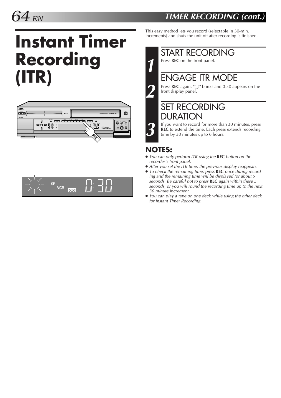 Instant timer recording (itr), Start recording, Engage itr mode | Set recording duration, Timer recording (cont.) | JVC HM-HDS1U User Manual | Page 64 / 100