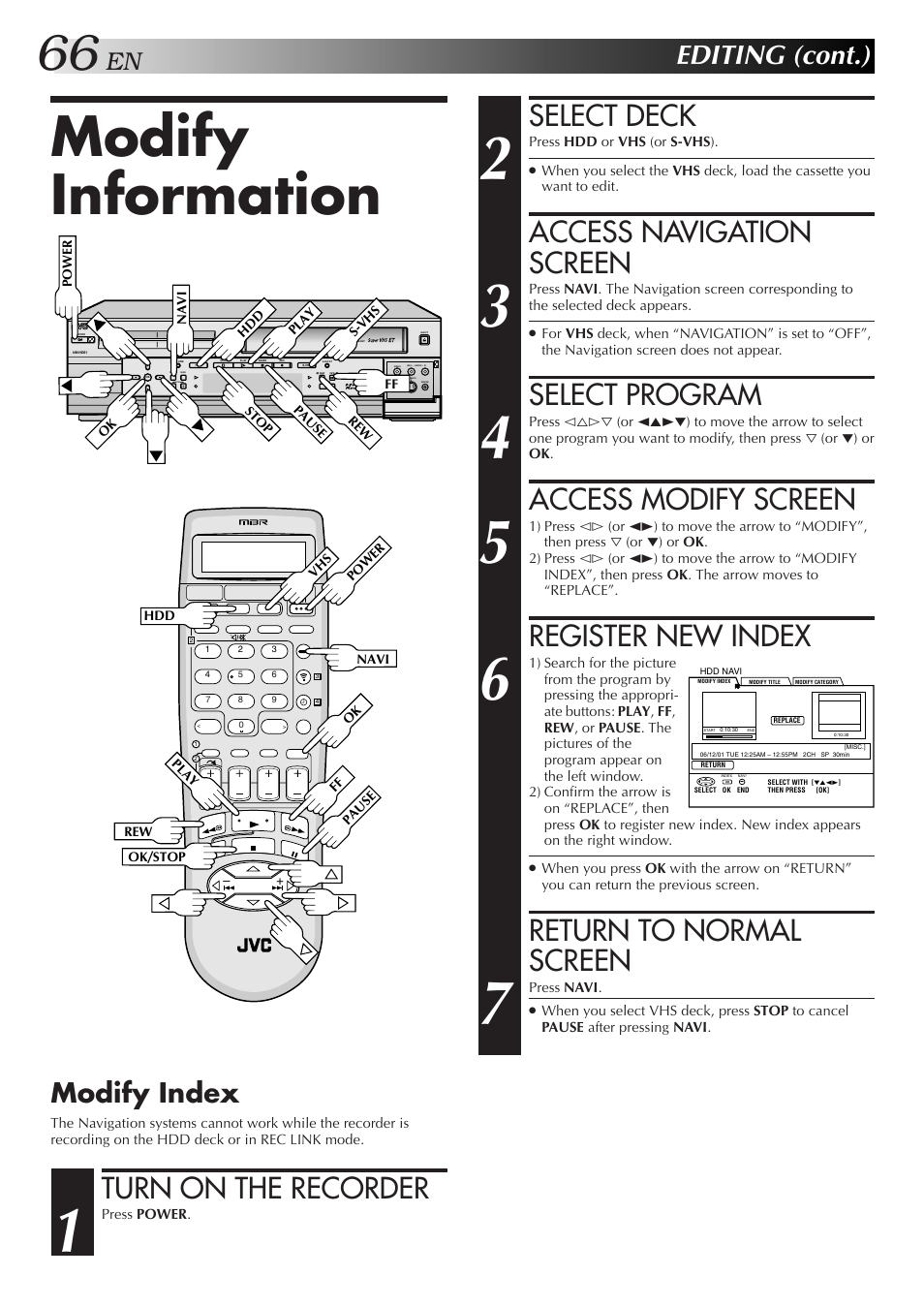 Modify information, Select deck, Access navigation screen | Select program, Access modify screen, Register new index, Return to normal screen, Turn on the recorder, Editing (cont.), Modify index | JVC HM-HDS1U User Manual | Page 66 / 100