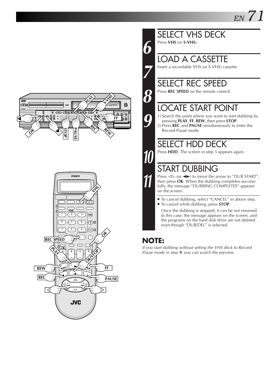 Select vhs deck, Load a cassette, Select rec speed | Locate start point, Select hdd deck, Start dubbing | JVC HM-HDS1U User Manual | Page 71 / 100