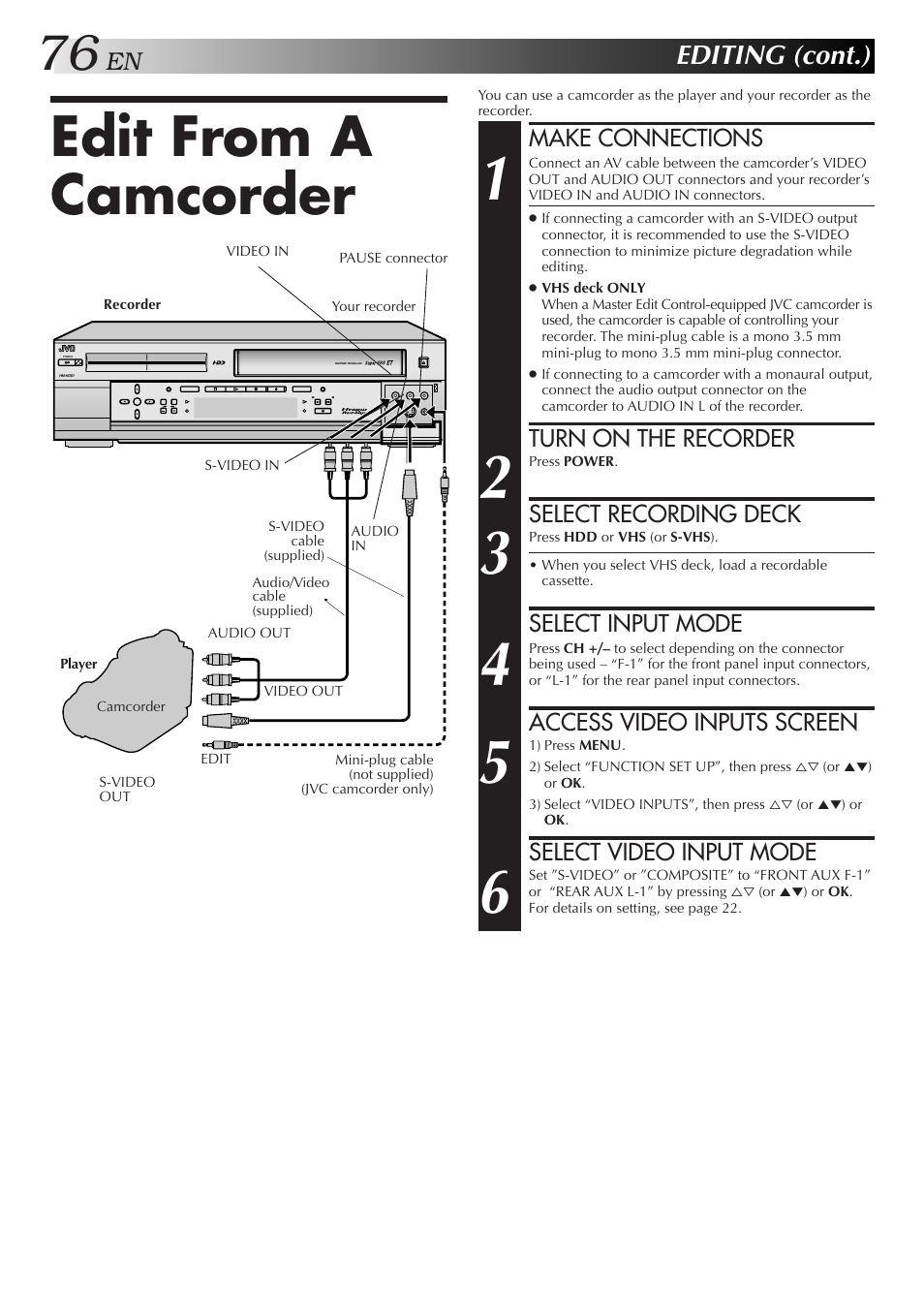 Edit from a camcorder, Editing (cont.), Make connections | Turn on the recorder, Select recording deck, Select input mode, Access video inputs screen, Select video input mode | JVC HM-HDS1U User Manual | Page 76 / 100