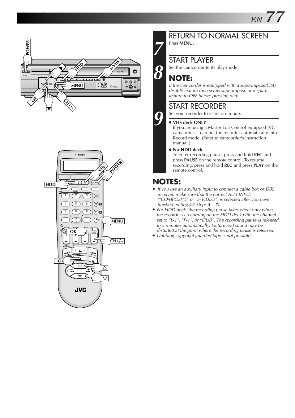 Return to normal screen, Start player, Start recorder | JVC HM-HDS1U User Manual | Page 77 / 100