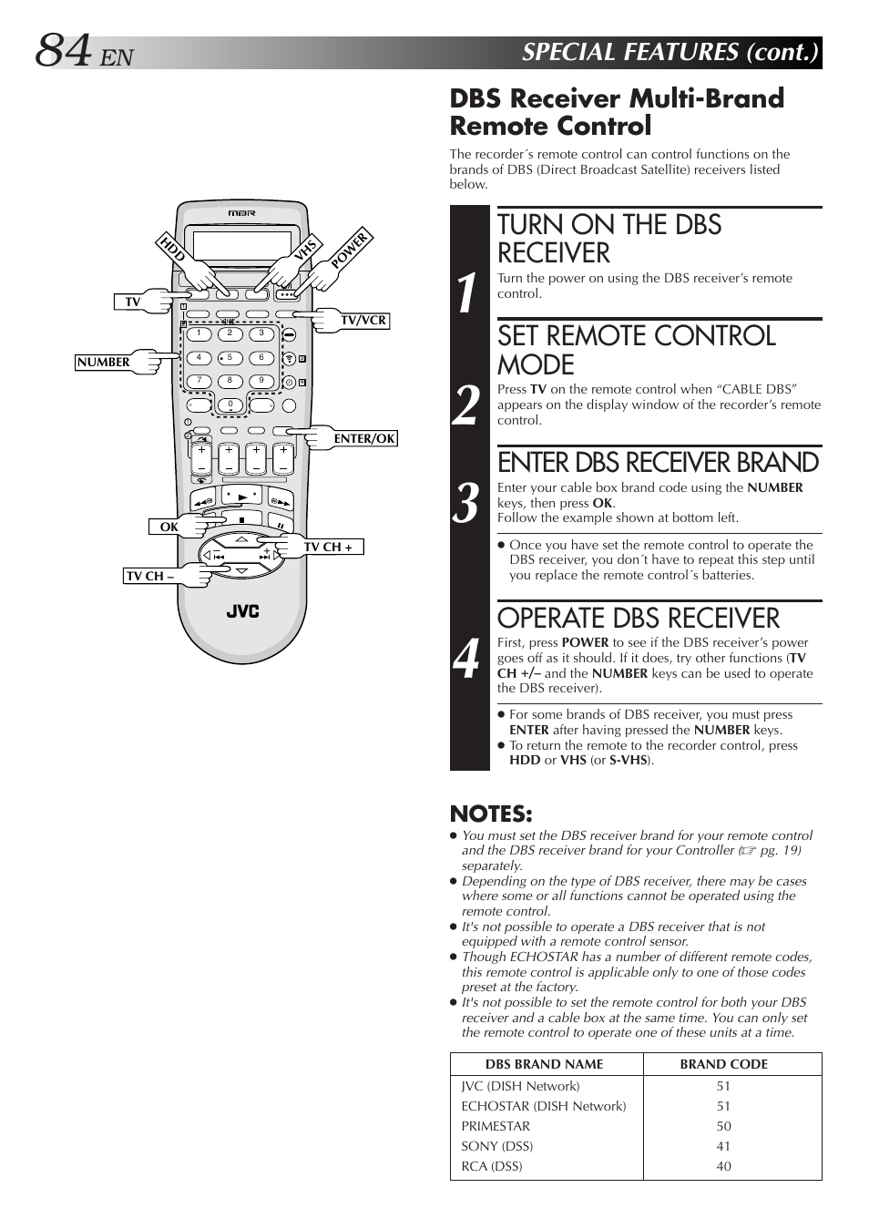 Turn on the dbs receiver, Set remote control mode, Enter dbs receiver brand | Operate dbs receiver, Special features (cont.), Dbs receiver multi-brand remote control | JVC HM-HDS1U User Manual | Page 84 / 100