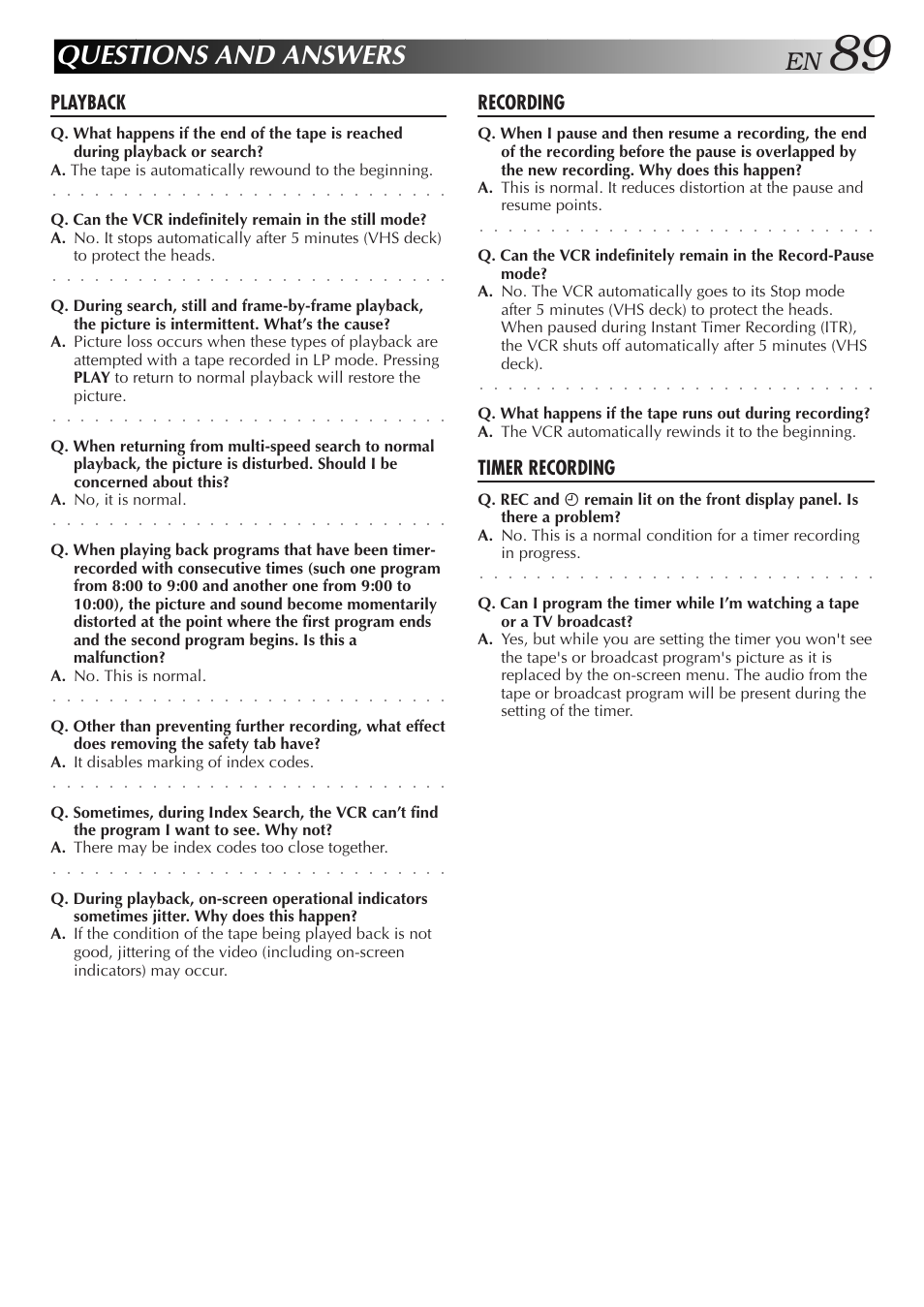 Questions and answers, Playback, Recording | Timer recording | JVC HM-HDS1U User Manual | Page 89 / 100