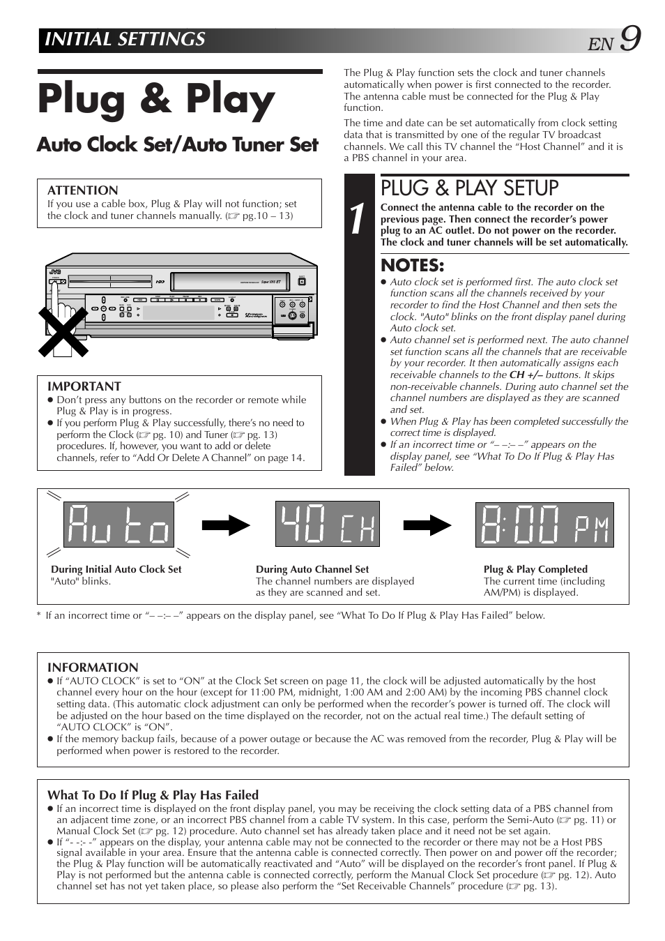 Initial settings, Plug & play, Plug & play setup | Auto clock set/auto tuner set, Information, What to do if plug & play has failed, Attention, Important | JVC HM-HDS1U User Manual | Page 9 / 100