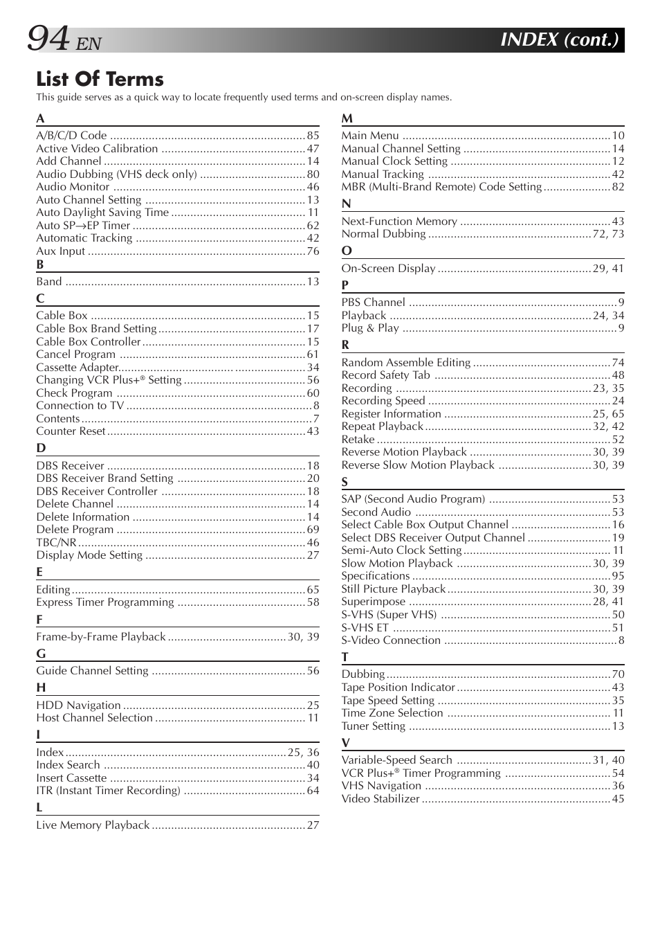 Index (cont.), List of terms | JVC HM-HDS1U User Manual | Page 94 / 100