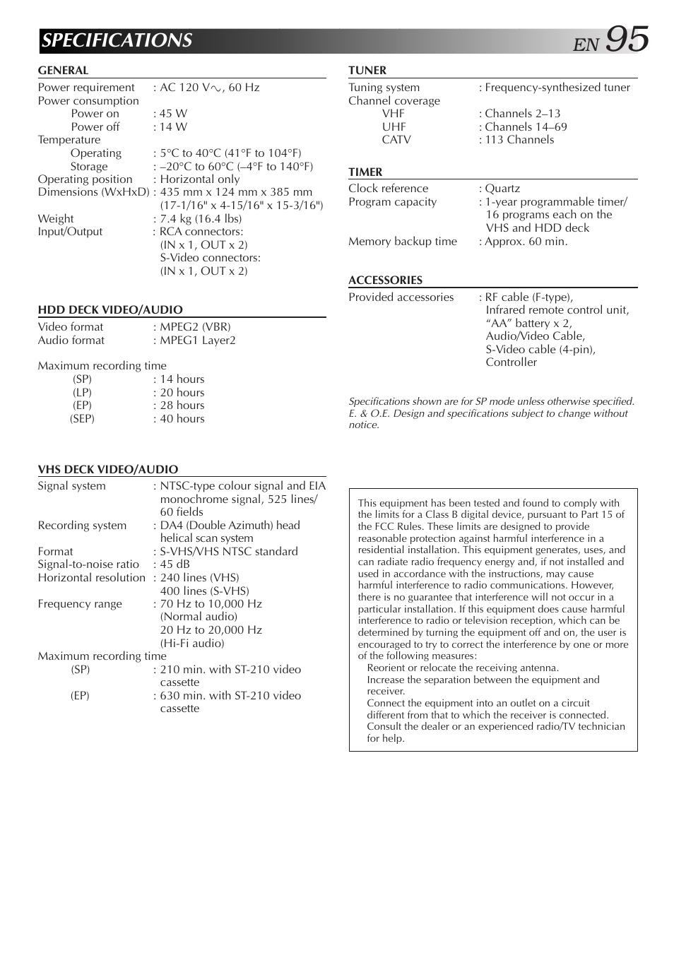 Specifications | JVC HM-HDS1U User Manual | Page 95 / 100