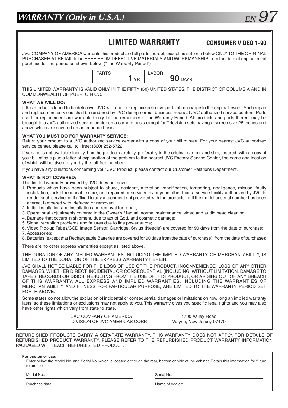 Warranty (only in u.s.a.), Limited warranty, Consumer video 1-90 | JVC HM-HDS1U User Manual | Page 97 / 100