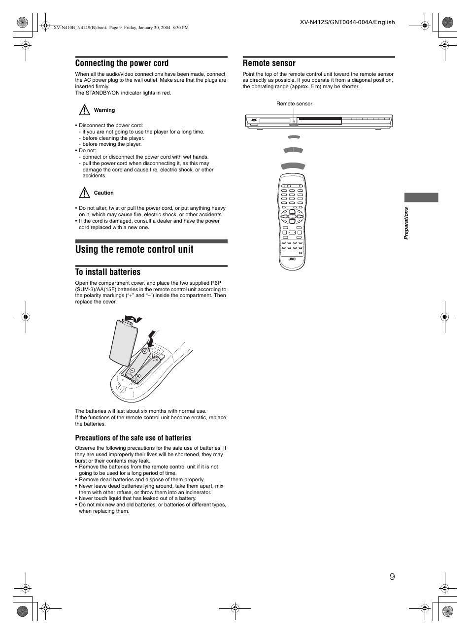 Using the remote control unit, Connecting the power cord, Remote sensor | JVC XV-N412S User Manual | Page 11 / 38