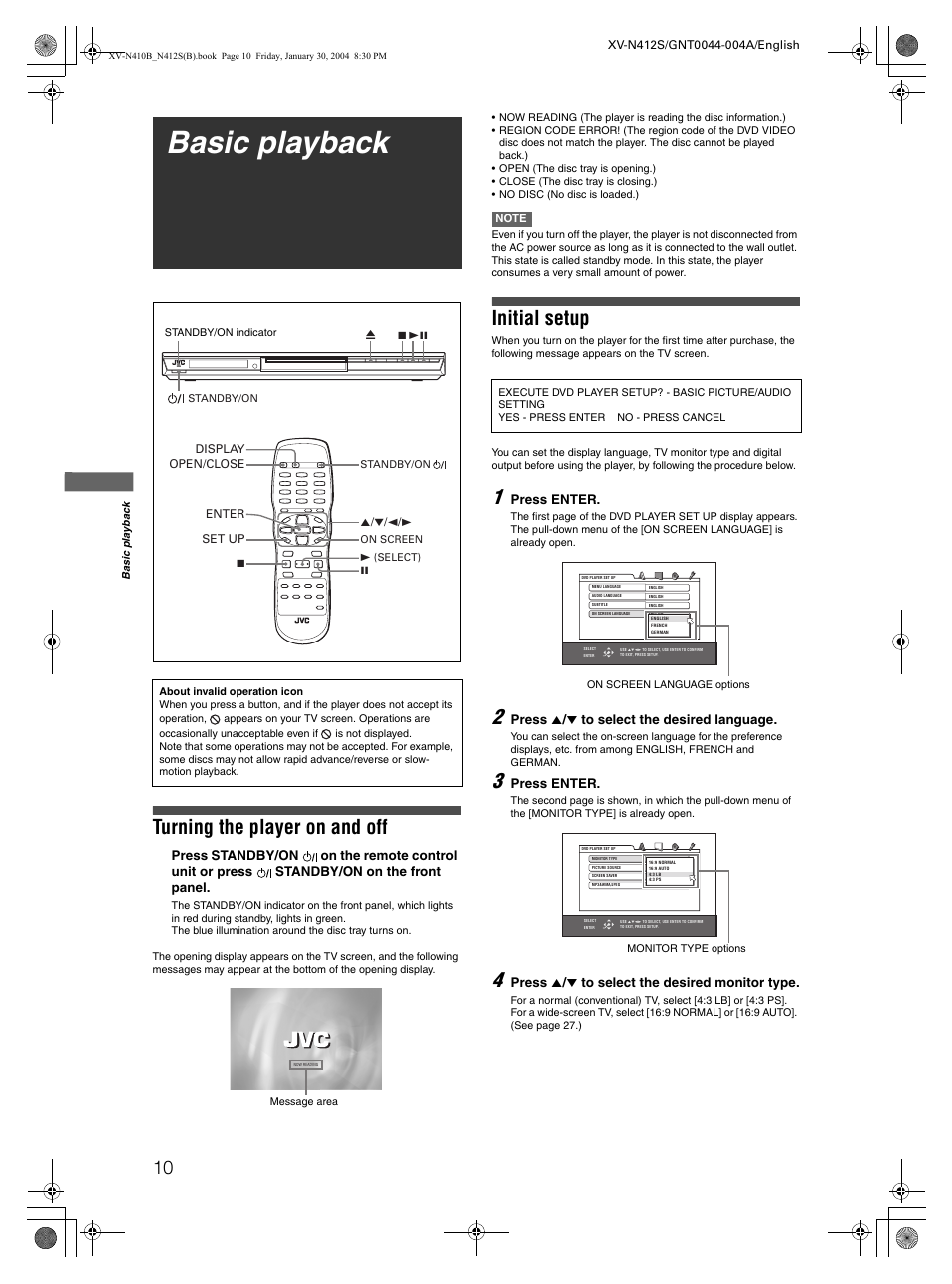 Basic playback, Turning the player on and off, Initial setup | Press enter, Press 5 / ∞ to select the desired language, Press 5 / ∞ to select the desired monitor type | JVC XV-N412S User Manual | Page 12 / 38