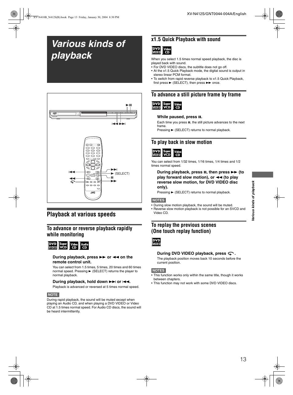 Various kinds of playback, Playback at various speeds, X1.5 quick playback with sound | JVC XV-N412S User Manual | Page 15 / 38